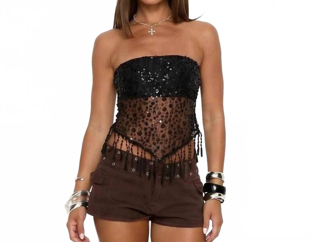 NEW LYONLEE sequin mesh fringe tube top in black